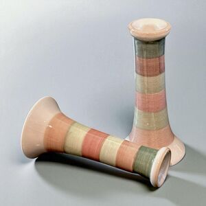 Pair of Vintage Horizontal Lines Striped Terracotta Taper/Pillar Candle Holders